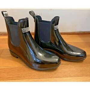 London Fog Women’s Rain Boots – Black Shiny Chelsea – Waterproof Rubber – Size 7